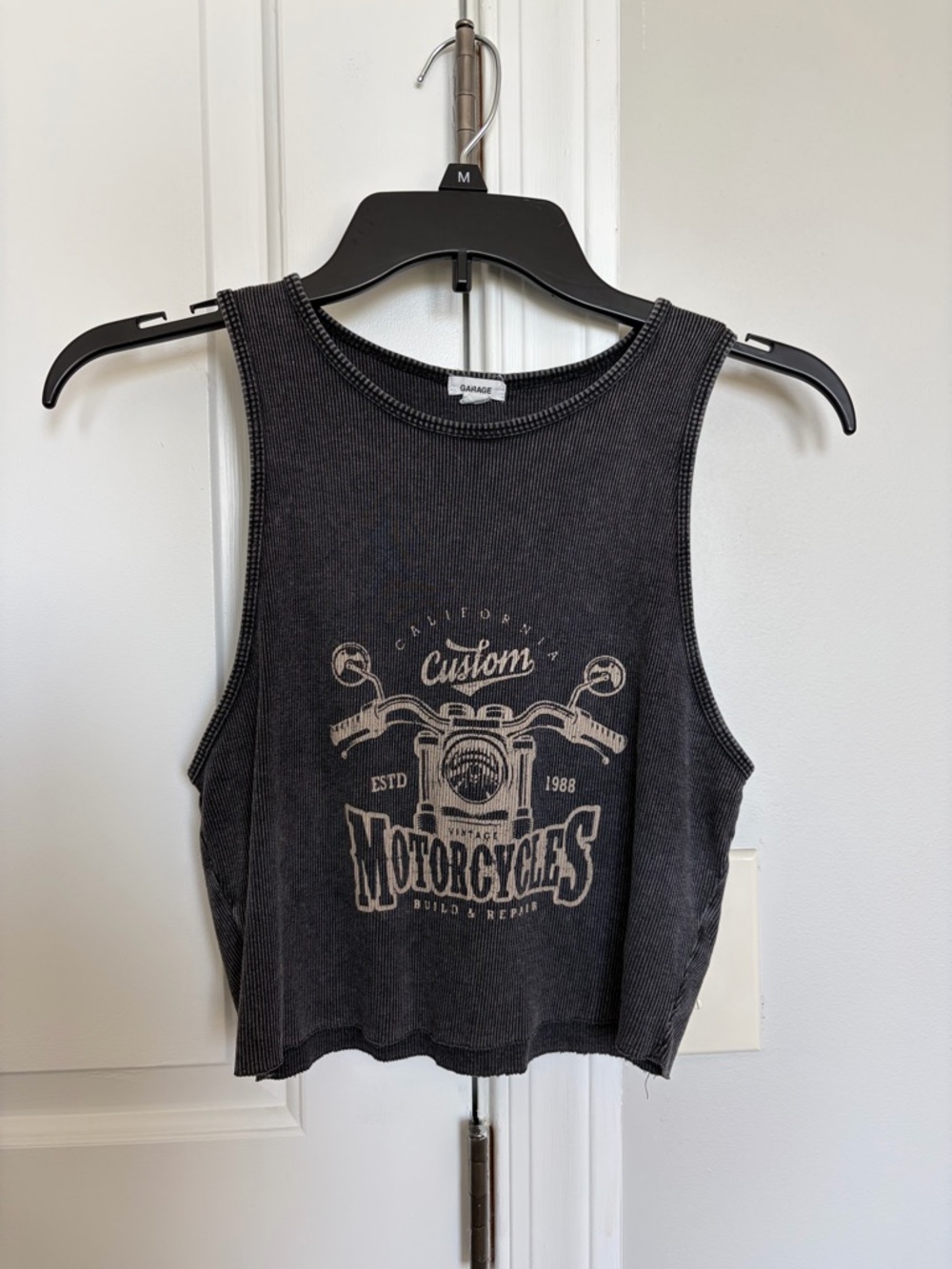 Garage Black Ribbed Graphic Crop Tank - Motorcycle Print